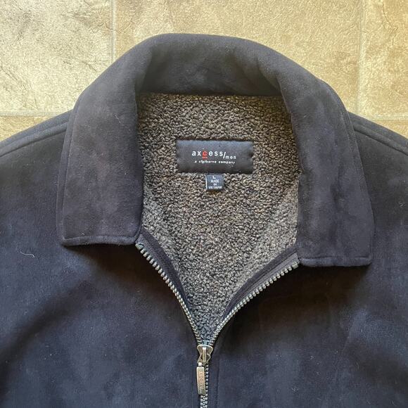 Vintage Mens Faux Suede Leather Jacket L Black Sherpa Lined Full Zip Goth Grunge - Picture 2 of 9